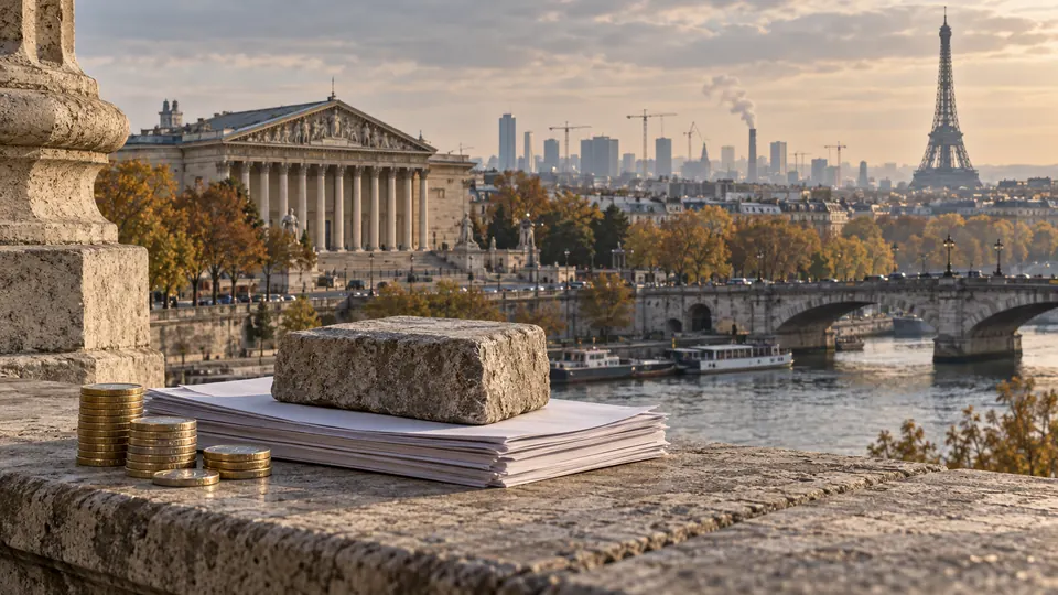Moedas e documentos sob o peso de uma pedra, com a Assembleia Nacional francesa e Paris ao fundo.