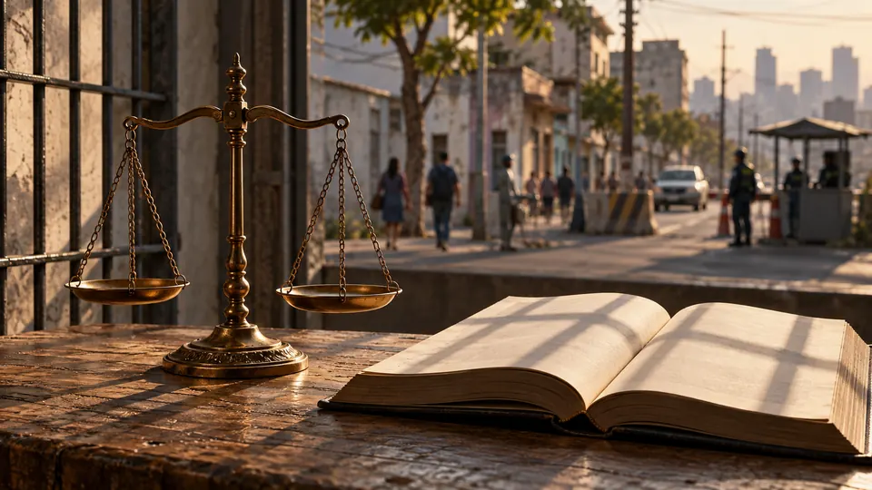 Balança da justiça e livro sob sombras de grades, diante de uma rua latino-americana com posto de segurança.